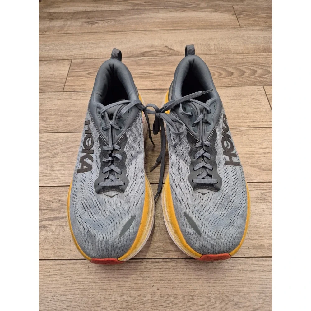 Hoka One One Bondi 8 Wide Mens Running Shoes Grey Yellow Low Top Sneakers‎ 12 EE
